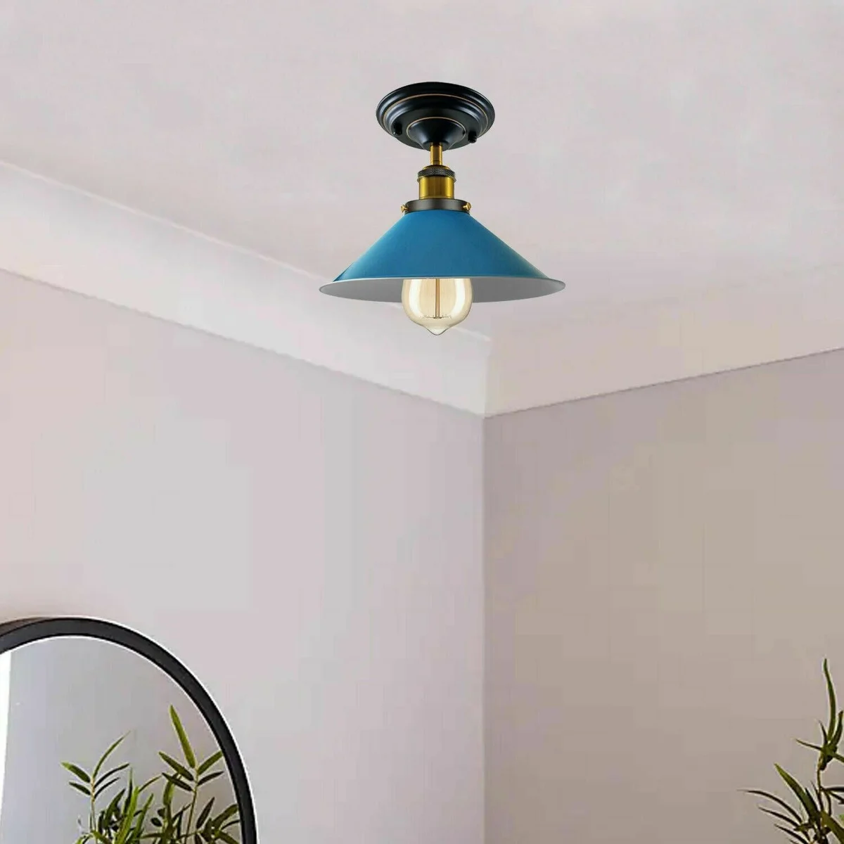 overhead light fixture in metal shade with 14cm x 4cm plate, colours blue green white yellow orange red, E27 base, bulb