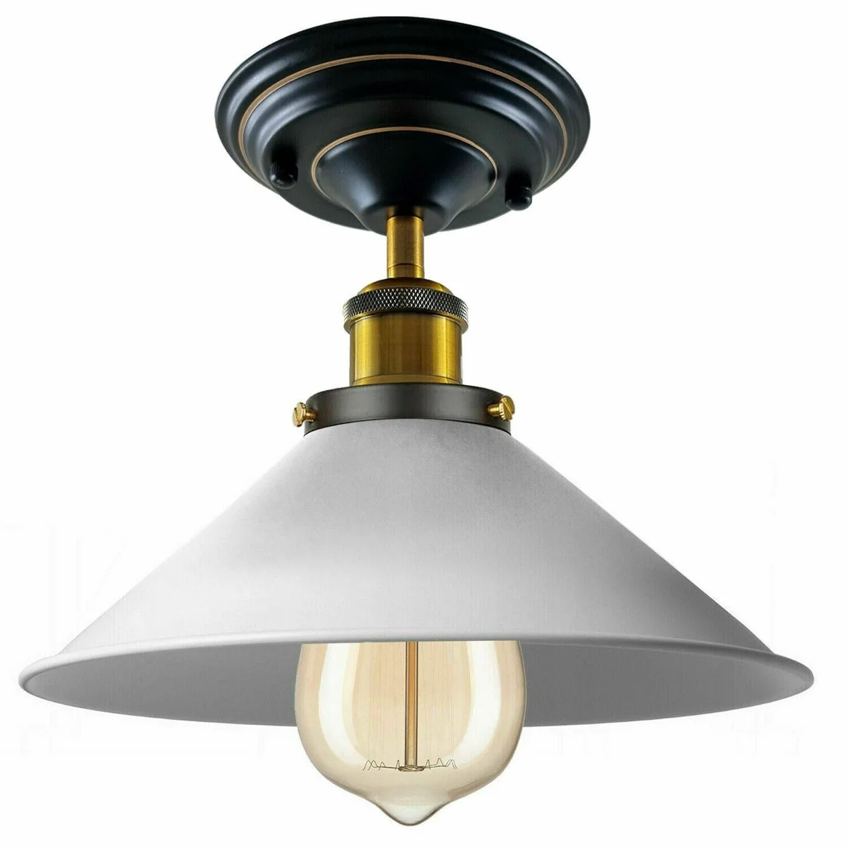 Metal E27 ceiling light with 14 cm x 4 cm shade, shown with 140 mm x 40 mm base, light cage and optional bulb.
