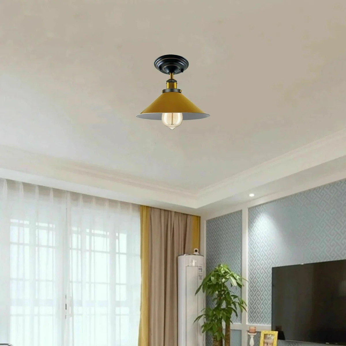 Blue metal E27 ceiling light with 14cm x 4cm shade, bulb holder and metal plate.