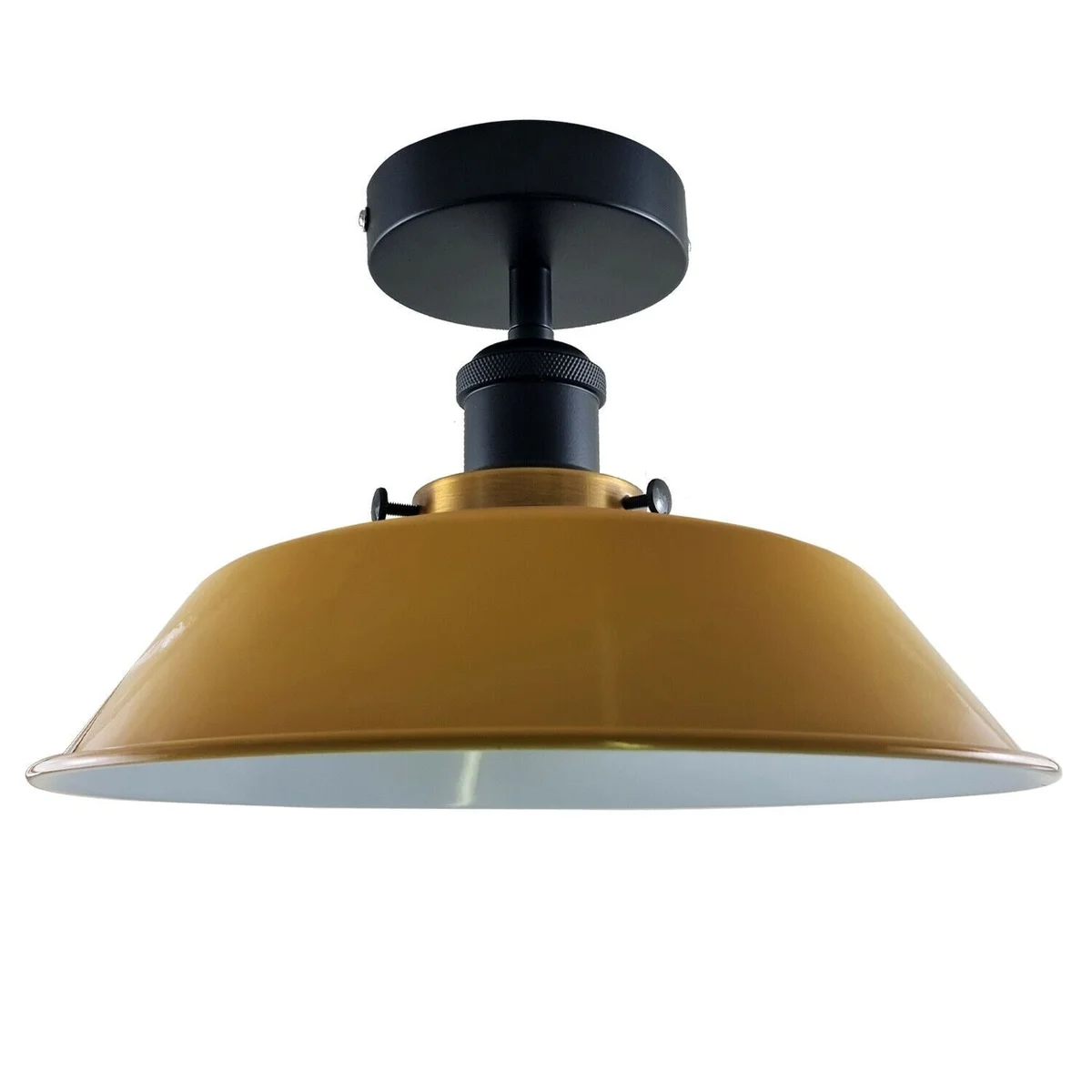 Round semi‑flush metal ceiling light with vintage finish, black metal holder, clear metal shade, ready for E27 bulb.