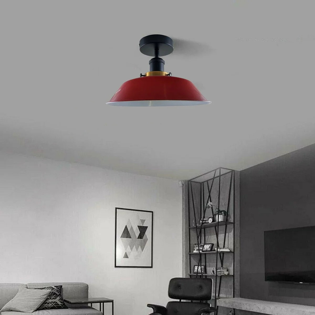 Semi flush mount light with round metal shade, vintage finish, blue colour, black metal holder, white ceiling rose.