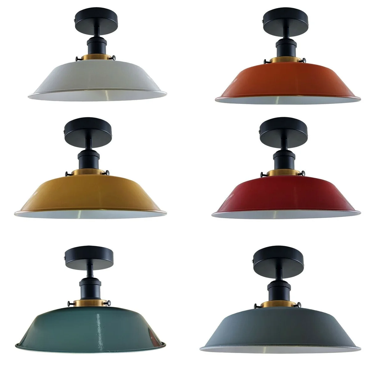 Round vintage ceiling light with antique metal finish, metal shade, black base and rose.