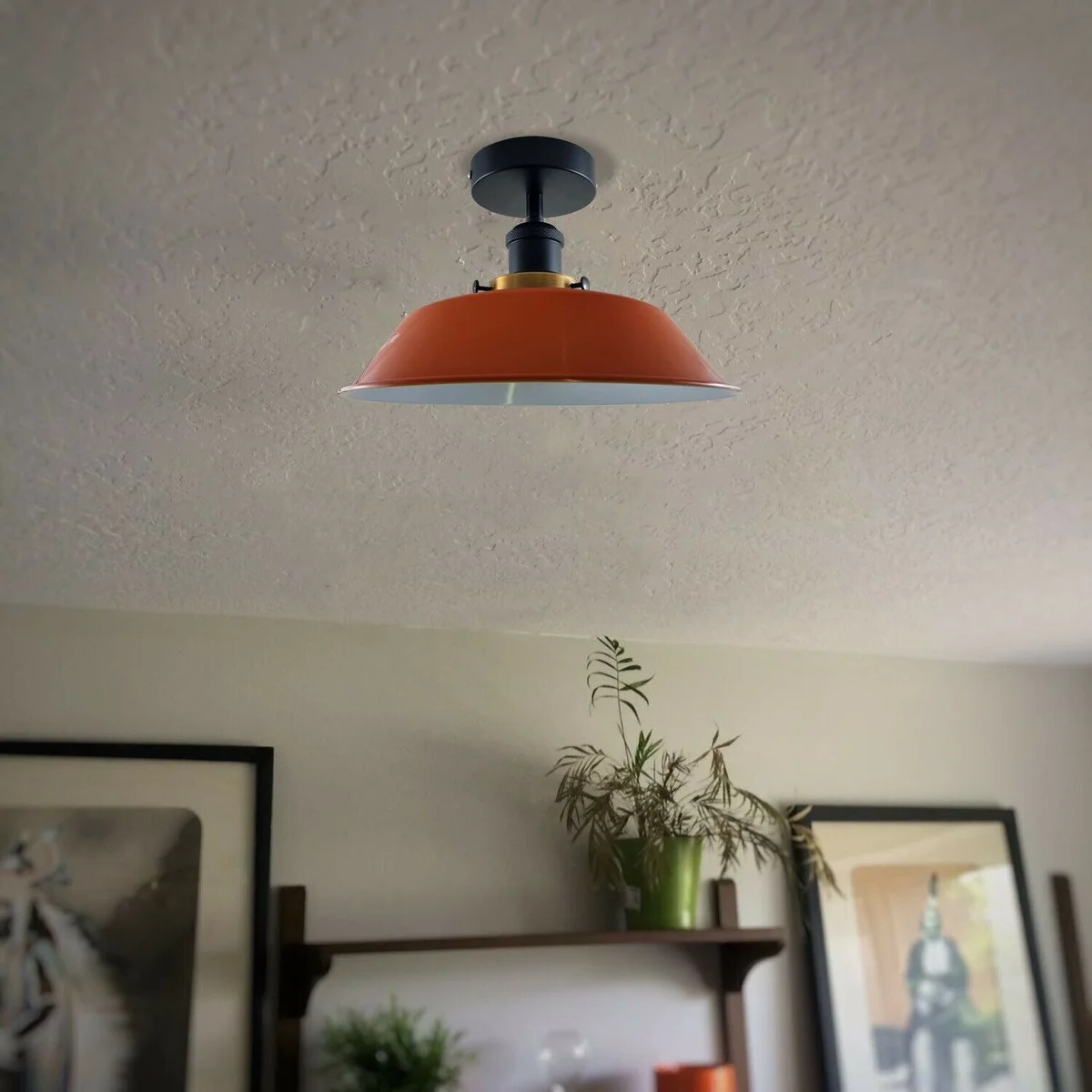 E27 ceiling light with round metal shade, vintage industrial style in blue, hanging from ceiling with black mounting hardware