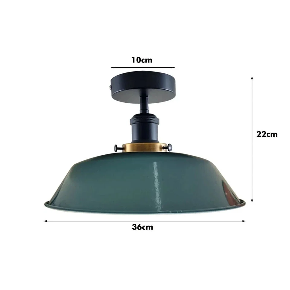 Modern industrial ceiling light with round blue metal shade and black mounting hardware, flush mount design.