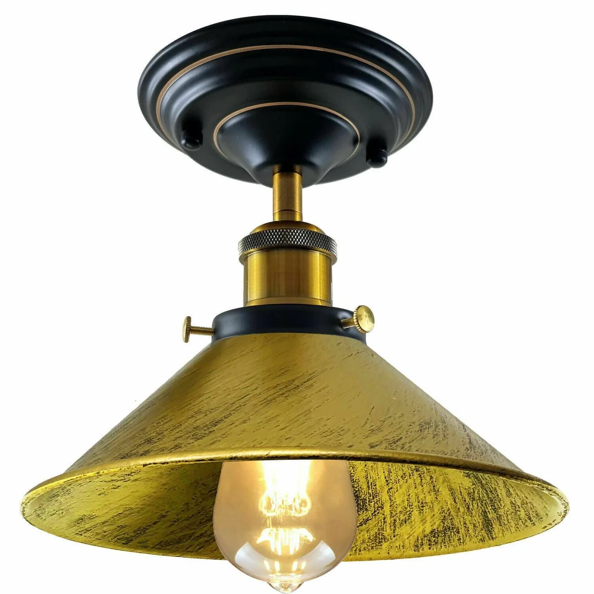 Vintage metal ceiling light with rectangular housing and hanging shade in black or brushed copper.