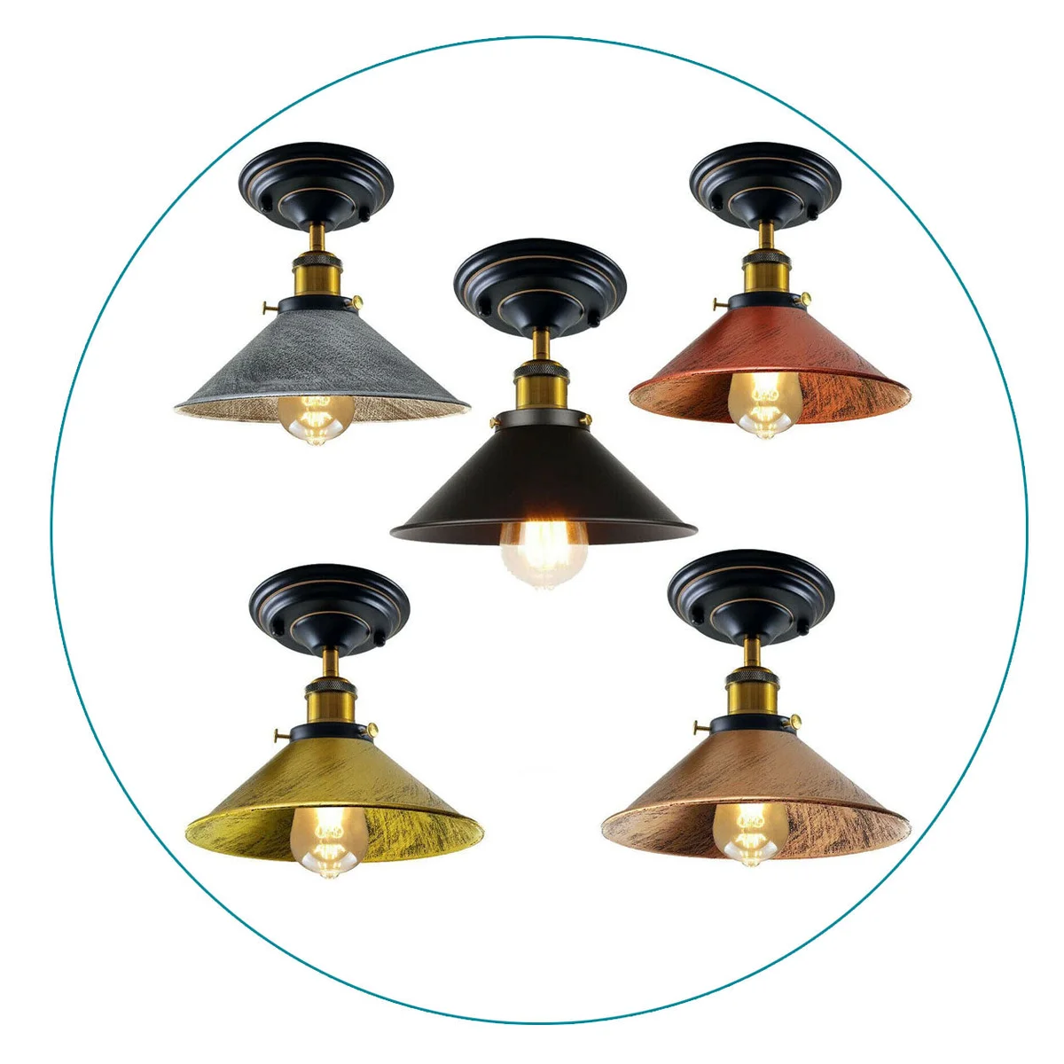 Brushed copper pendant light with metal base, round shade, hanging from ceiling, vintage design