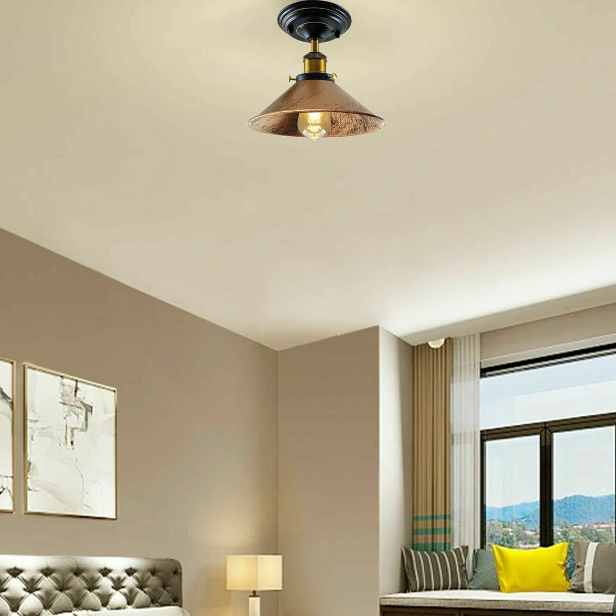 Vintage pendant light with a metal shade in black or brushed copper, featuring an E27 socket and decorative design.