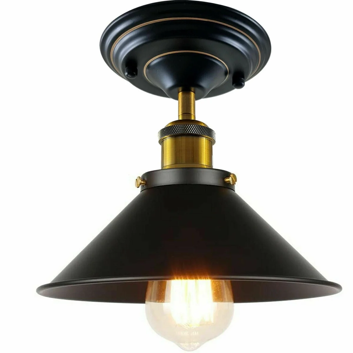 Vintage pendant light in black metal with a small 14 cm square ceiling plate and adjustable E27 socket.