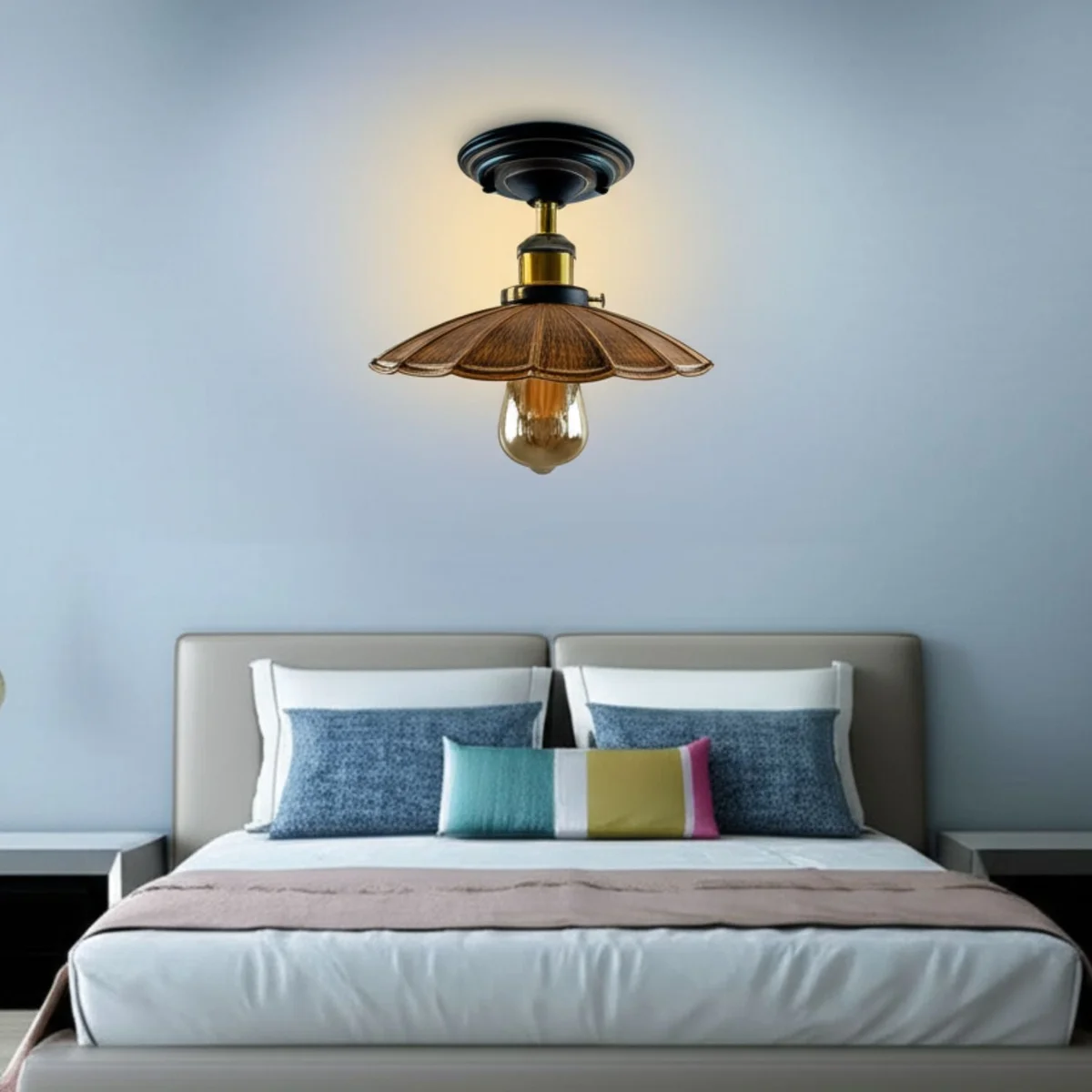 Brass ceiling light, semi‑flush metal fixture with rounded shade, featuring an E27 base, displayed upright.