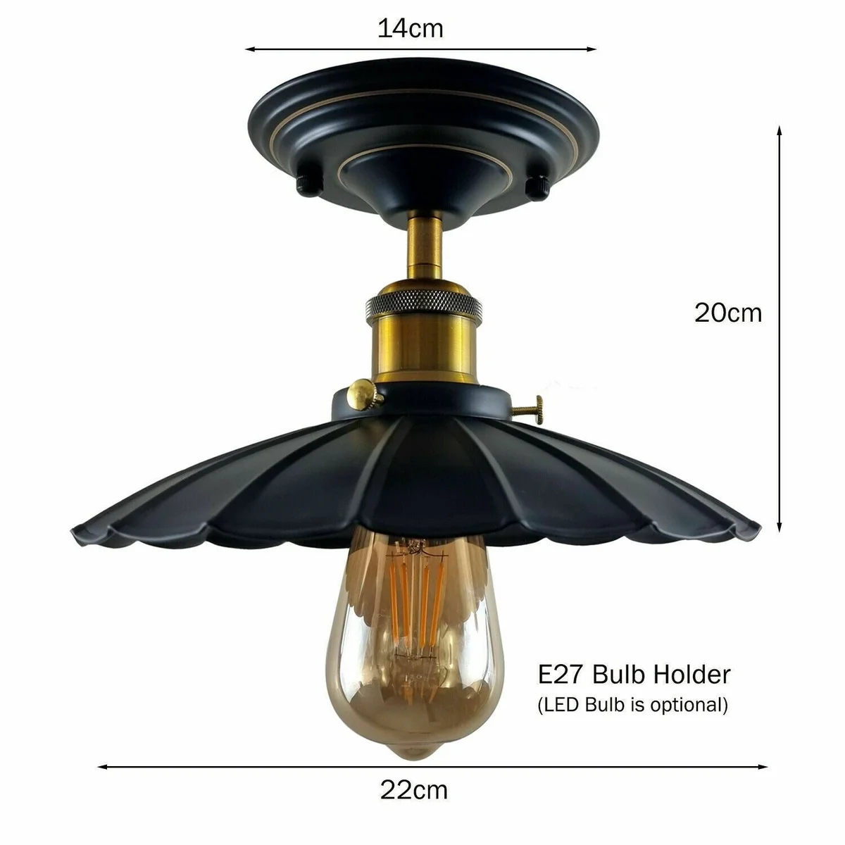 Brass semi‑flush E27 ceiling fixture with 4 cm shade and 14×4 cm plate, available in black, brushed copper, brushed silver, rustic red or brushed brass.