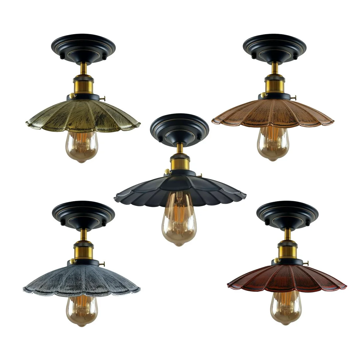 Modern vintage ceiling light in brushed brass, semi‑flush metal shade for bedroom.