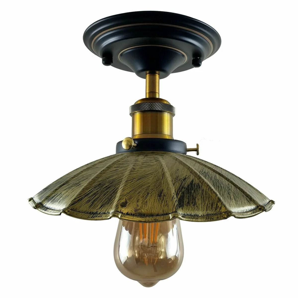 Brass semi flush ceiling light with modern‑vintage style, black metal frame, E27 base, suitable for bedrooms and hallways.