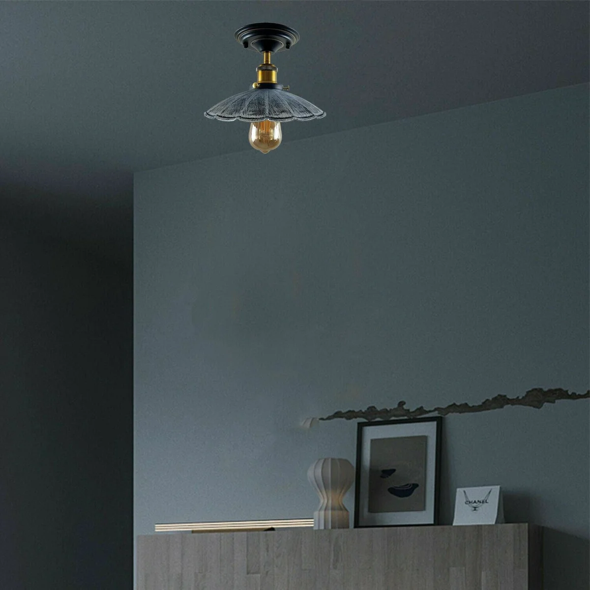 Brass semi flush ceiling light in black finish, retro style, with 14cm x 4cm metal shade and E27 base