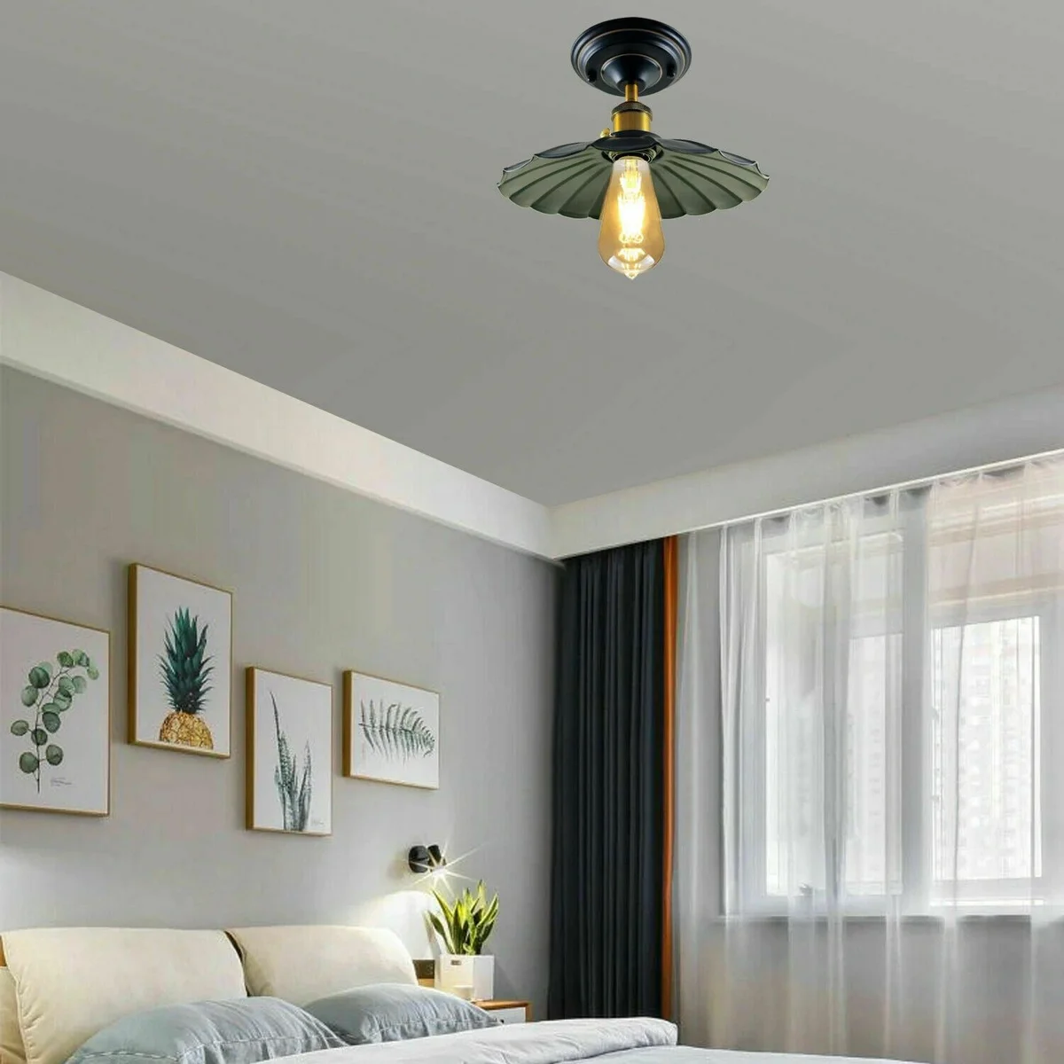 Retro style semi flush ceiling light with black metal fixture, E27 slot, at 140mm width, 40mm height.
