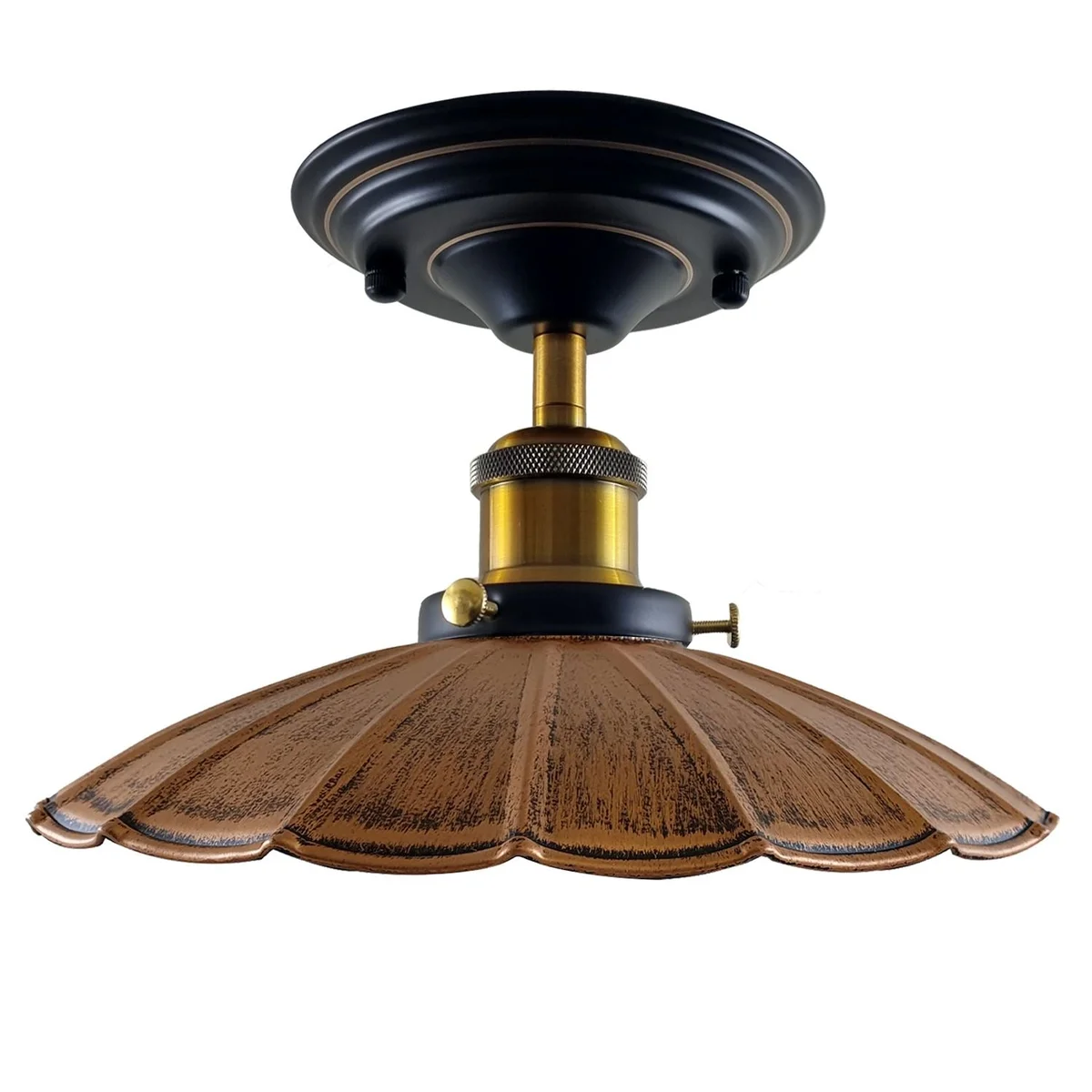 Semi flush ceiling light with metal shade in black, brass and silver finishes, attached to ceiling with E27 base.