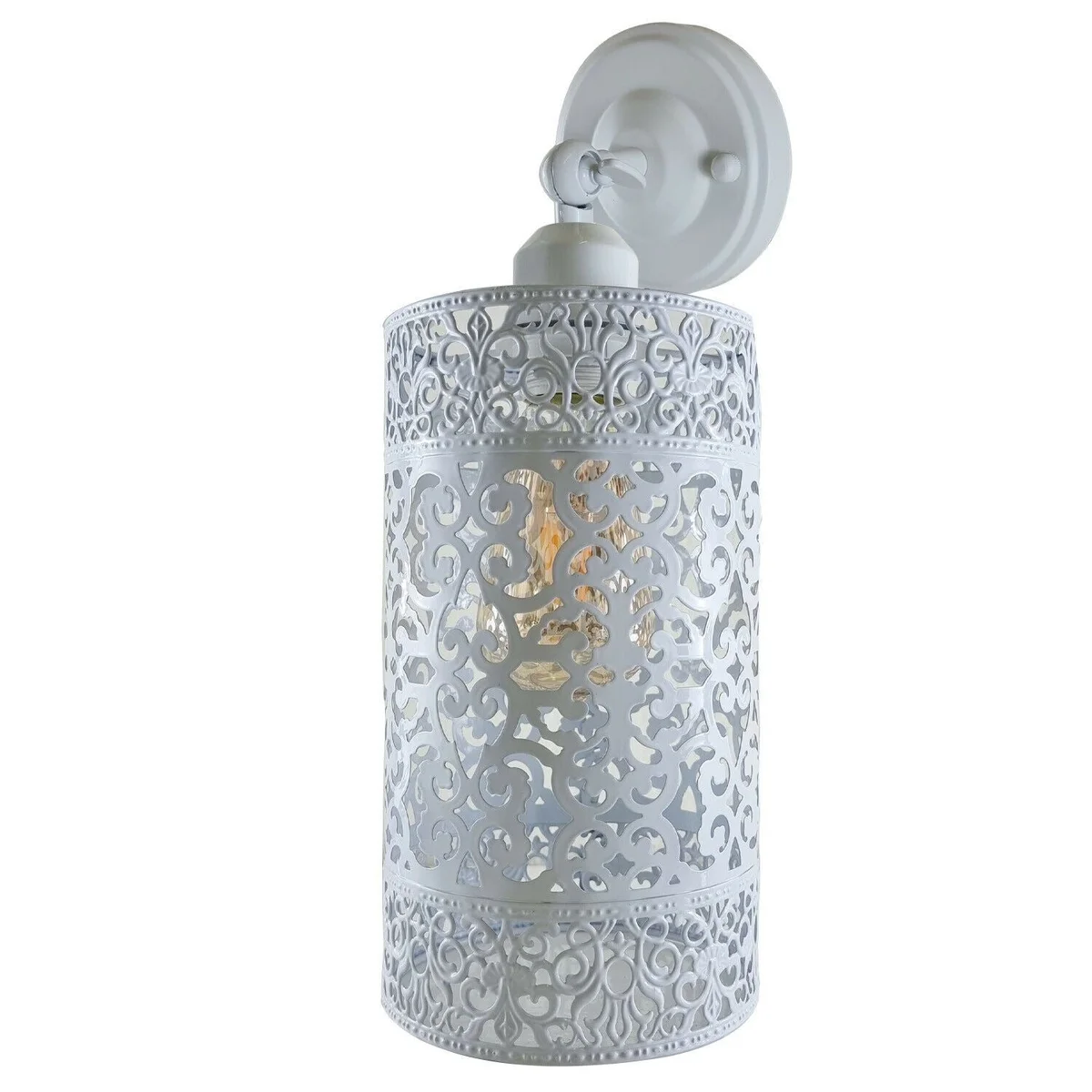 White vintage metal wall sconce with adjustable arm and E27 socket, featuring a cylindrical shade and 240° rotation.