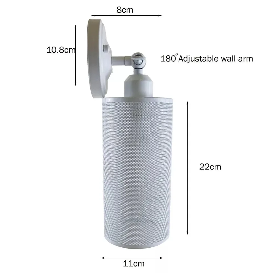 White vintage wall sconce with metal cylindrical shade, adjustable 240° arm, mounted on interior wall