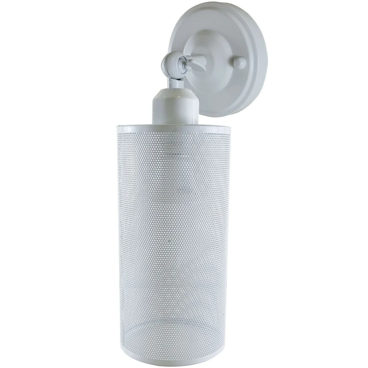 White vintage wall sconce with metal cylindrical shade, adjustable arm, wall-mounted in interior setting.