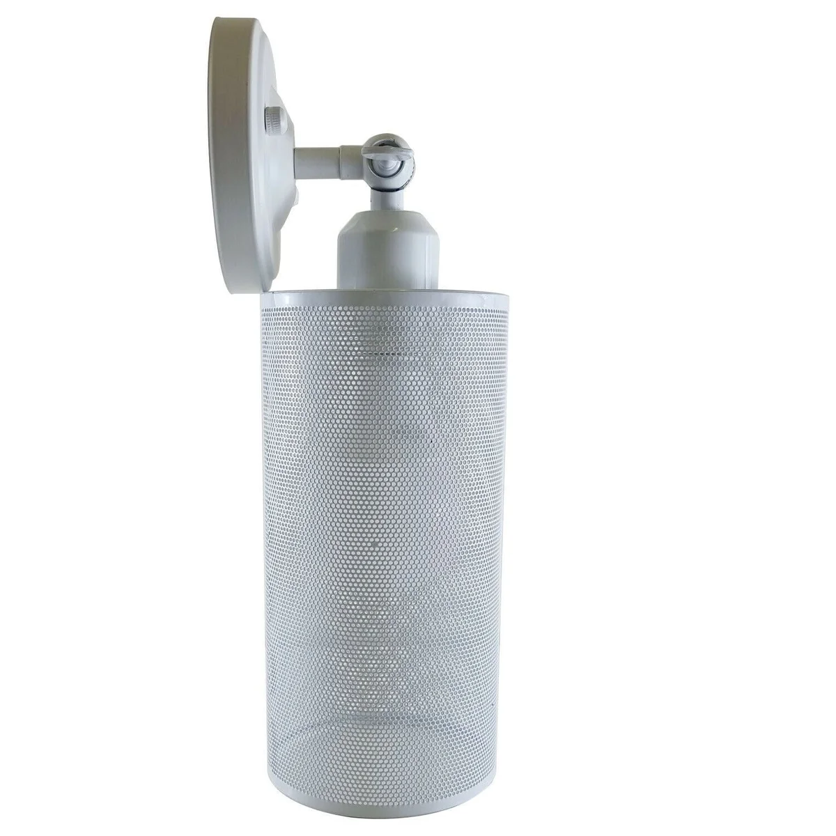 White vintage wall sconce with metal cylinder shade, adjustable arm, decorative rustic design.