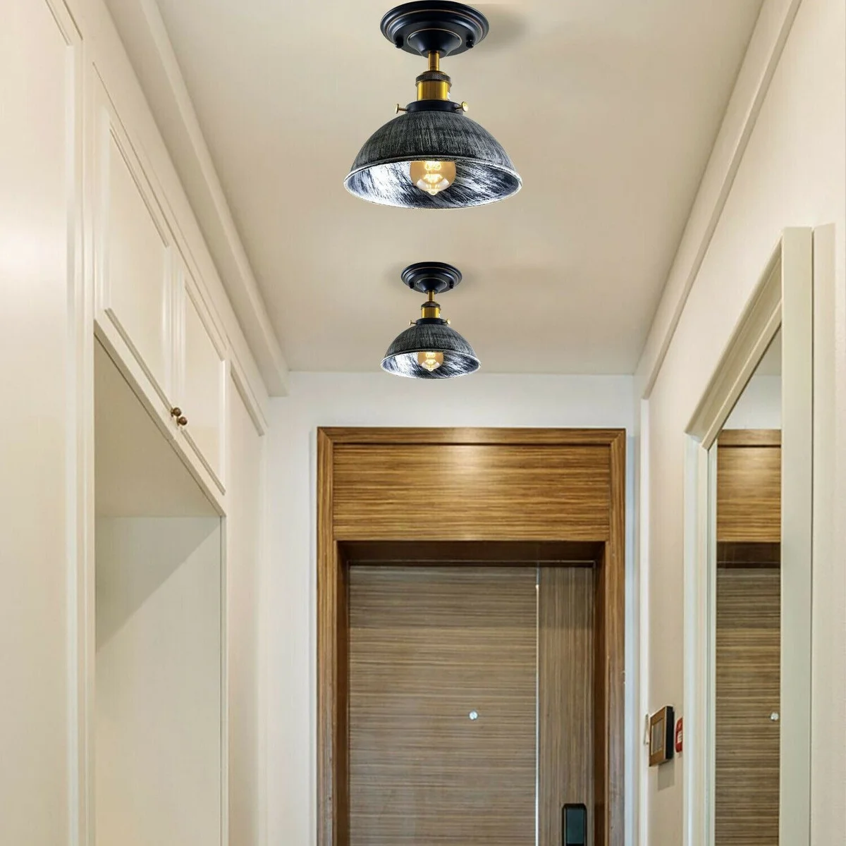 Rustic red industrial flush mount ceiling light with exposed metal fixture, small dome shade, attached to ceiling.