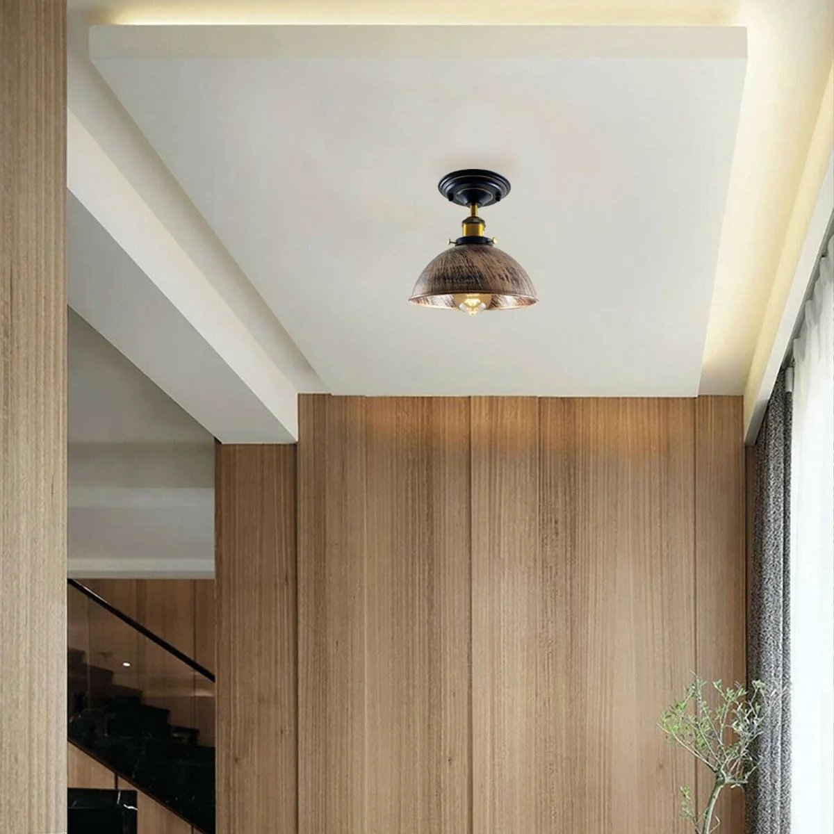 Flush mount industrial ceiling light with metal dome, shown in rustic red/brushed copper options, mounted on a 14cm x 4cm metal plate.