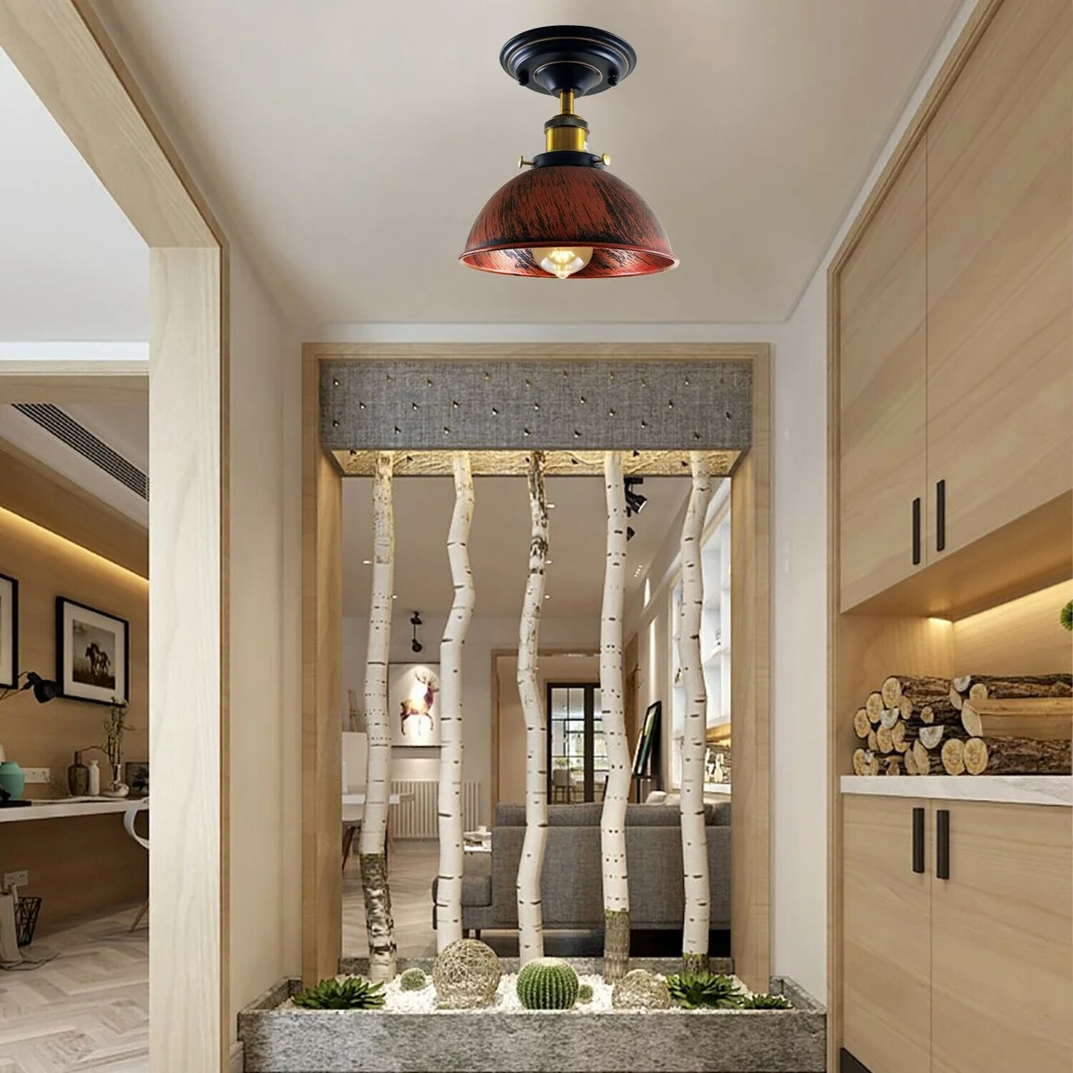 E27 ceiling light with metal flush‑mount dome shade in rustic red, modern industrial design.