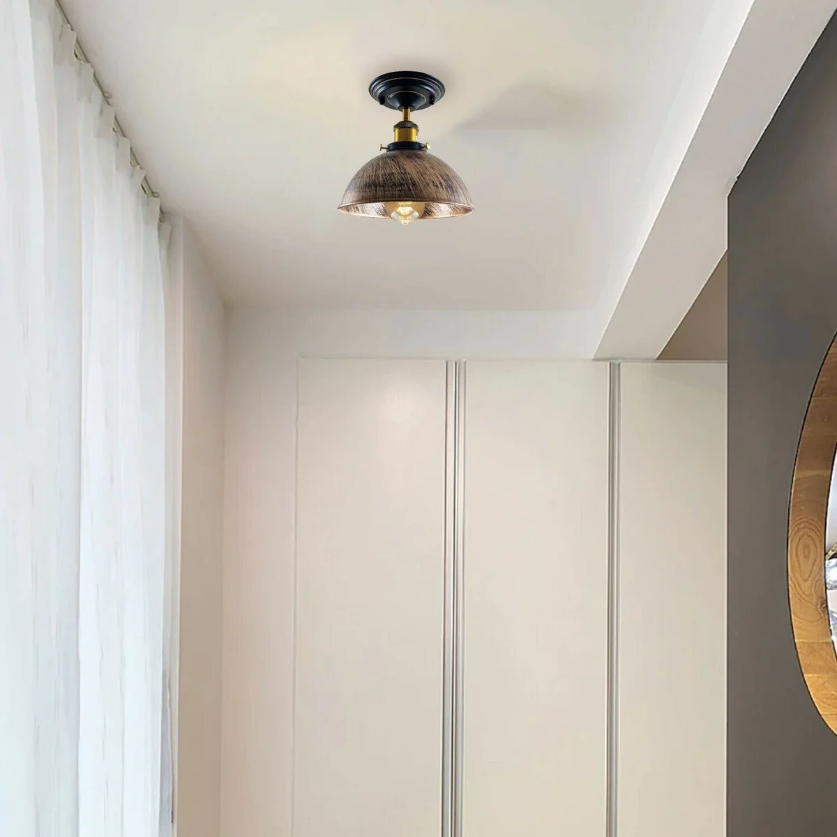 Rustic red ceiling light with industrial flush‑mount design, dome shade, metal base, exposed hardware
