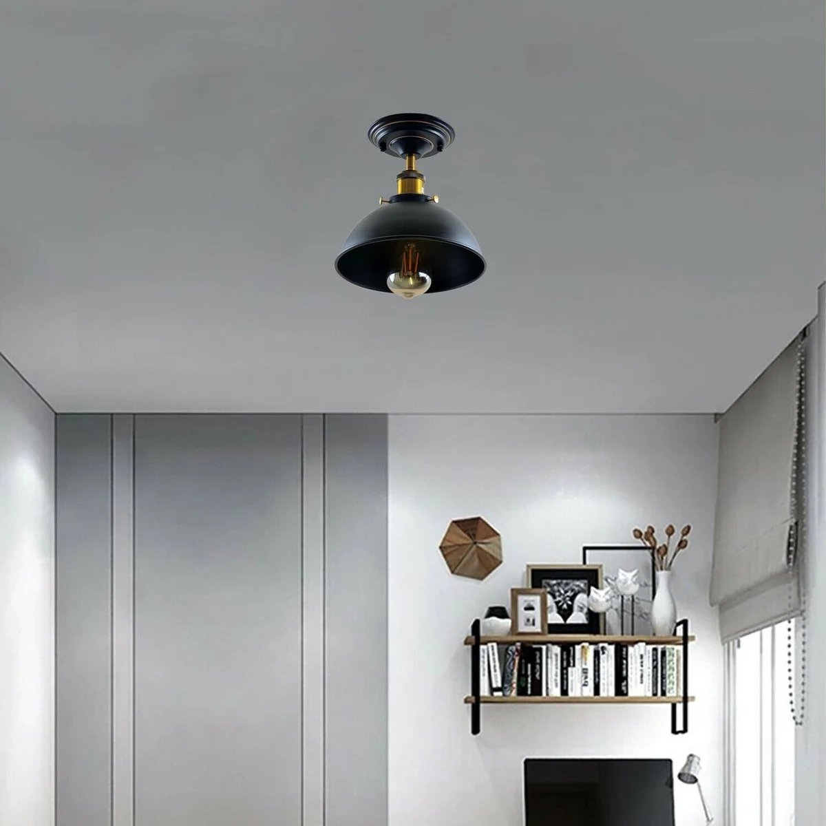 industrial flush mount ceiling light, metal frame, rustic red finish, exposed hardware, 4cm shade, flush mount fixture.