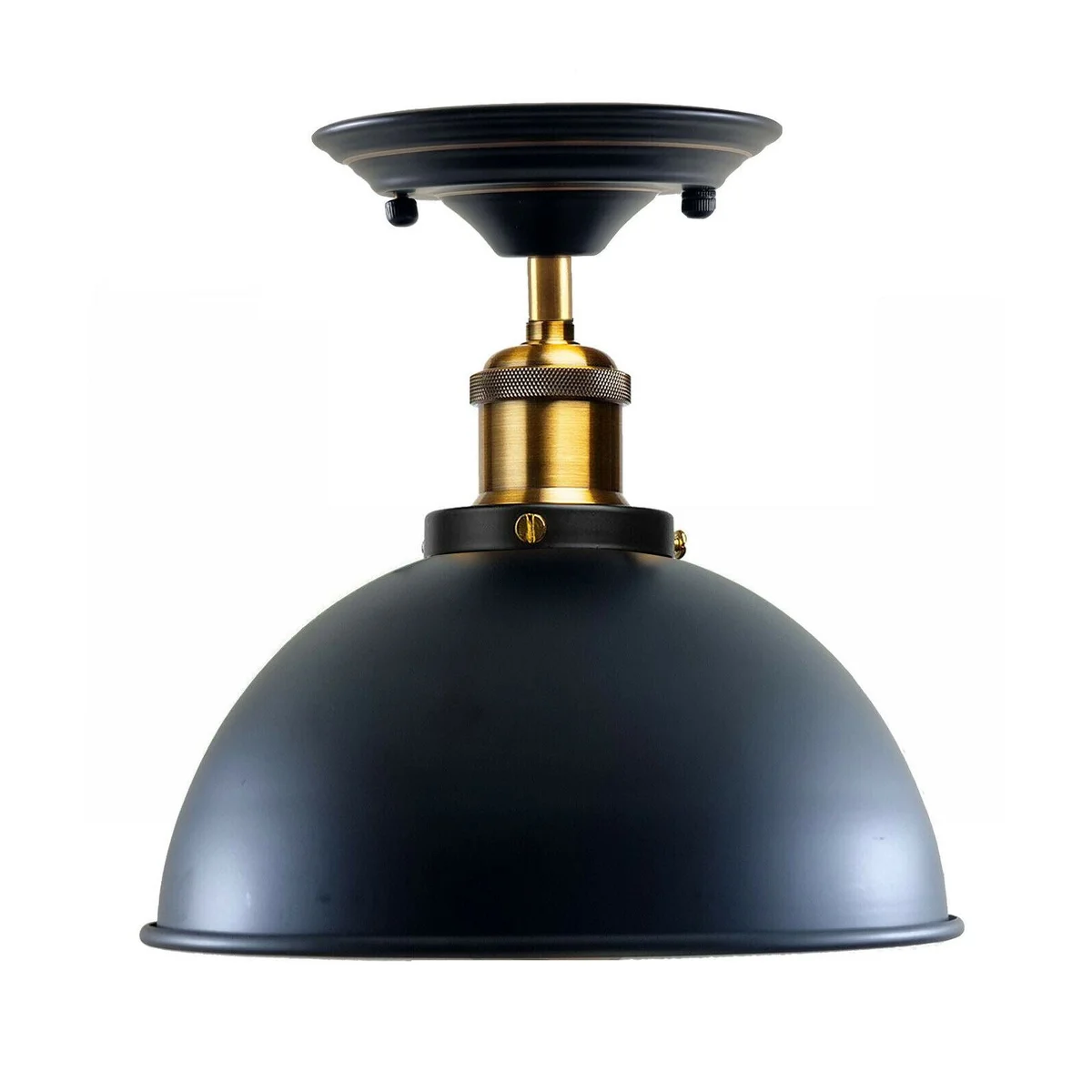 Industrial flush mount ceiling light, metal bracket with rustic red finish, exposed bulb base, 14x4cm dome shade