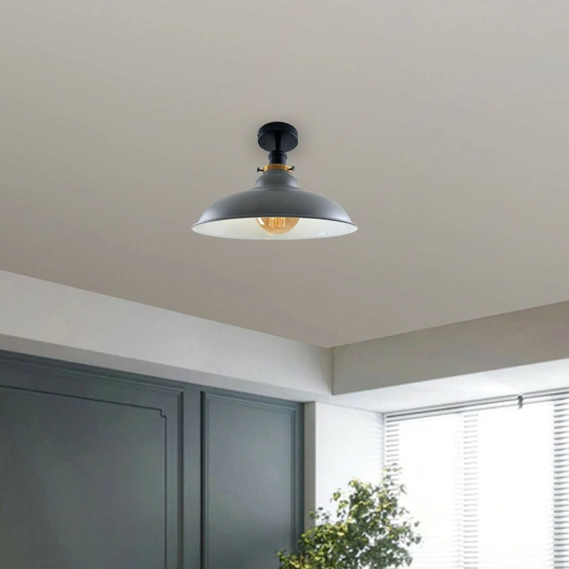 Antique style ceiling lamp with metal body and round lampshade, semi‑flush mount, available in multiple colours.