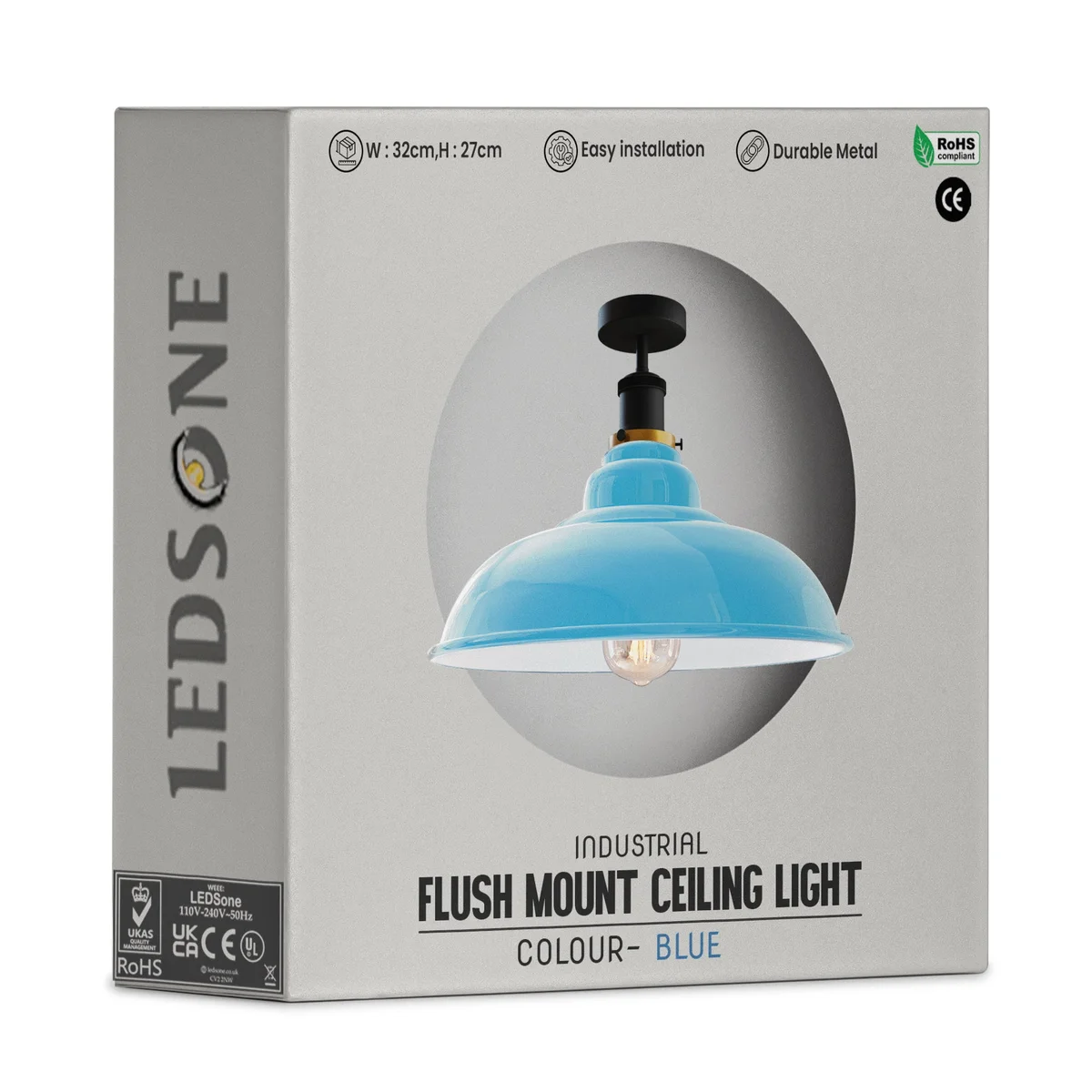 E27 metal ceiling lamp with round metal shade, 32cm tall, hanging from the ceiling, available in white and other colours