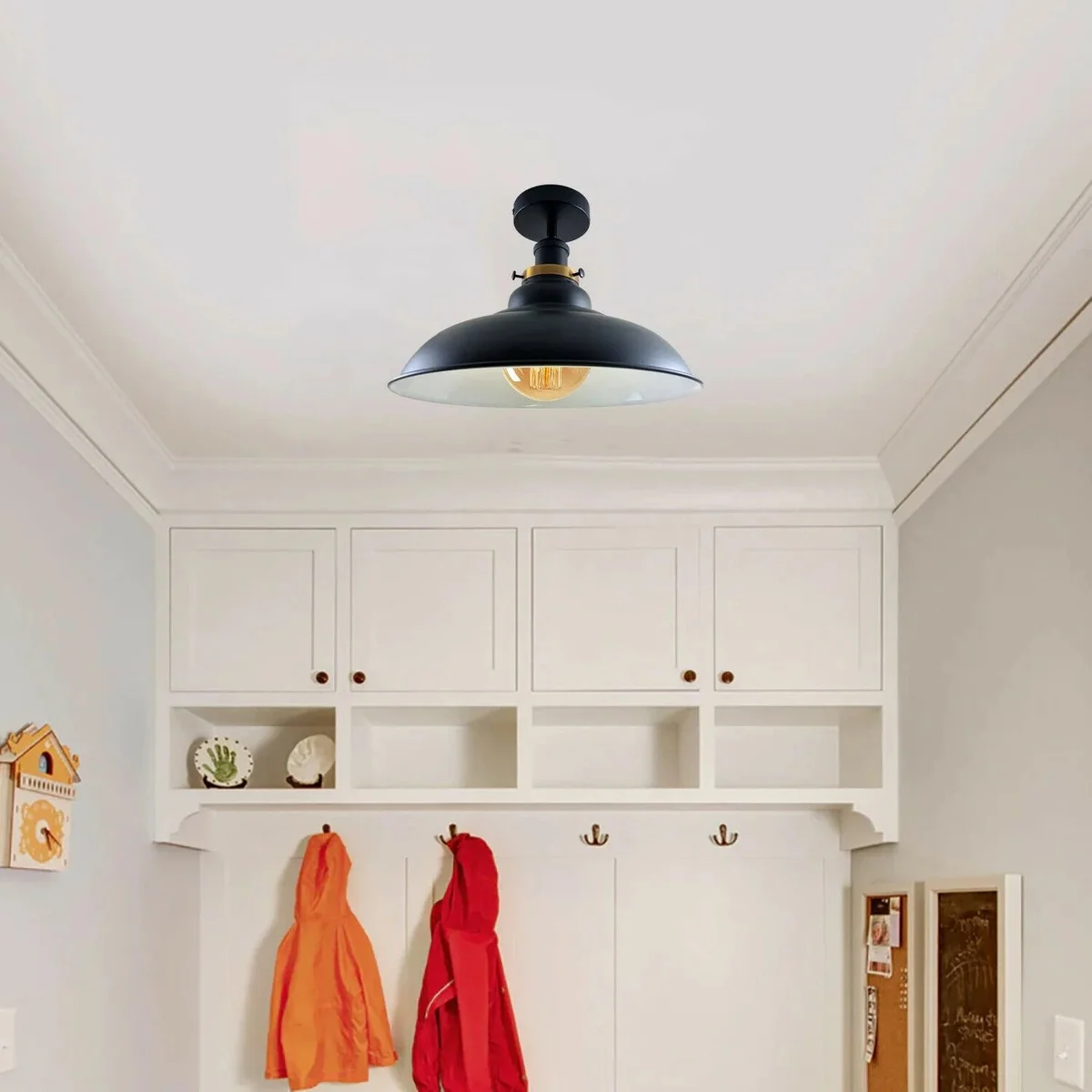 White metal vintage style ceiling light with antique metal shade, E27 base, 22 cm tall, 10 cm wide.