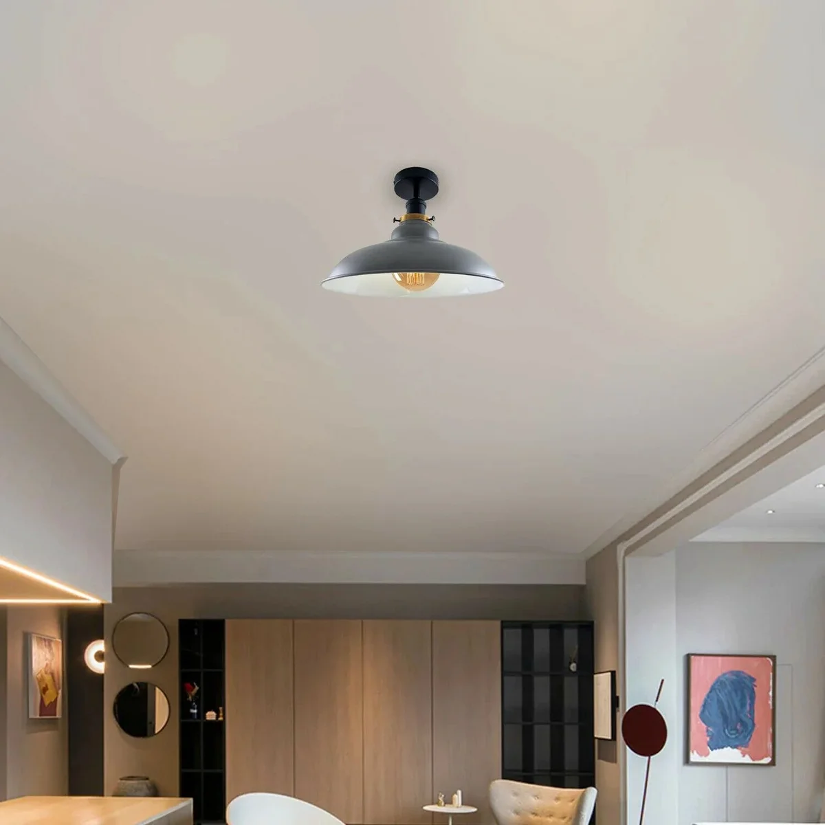 Semi flush mount metal ceiling lamp with white shade and E27 base, lighting a warm ambient ceiling light