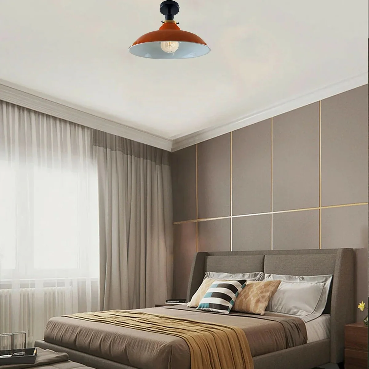 White metal antique style ceiling lamp with round base and wide lampshade.