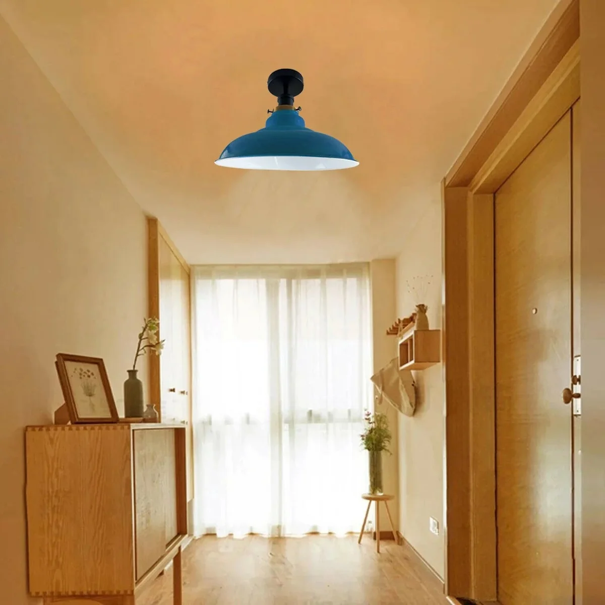 Antique style ceiling lamp in white metal with 22cm lampshade, 10cm ceiling plate, semi flush mount, versatile E27 base.