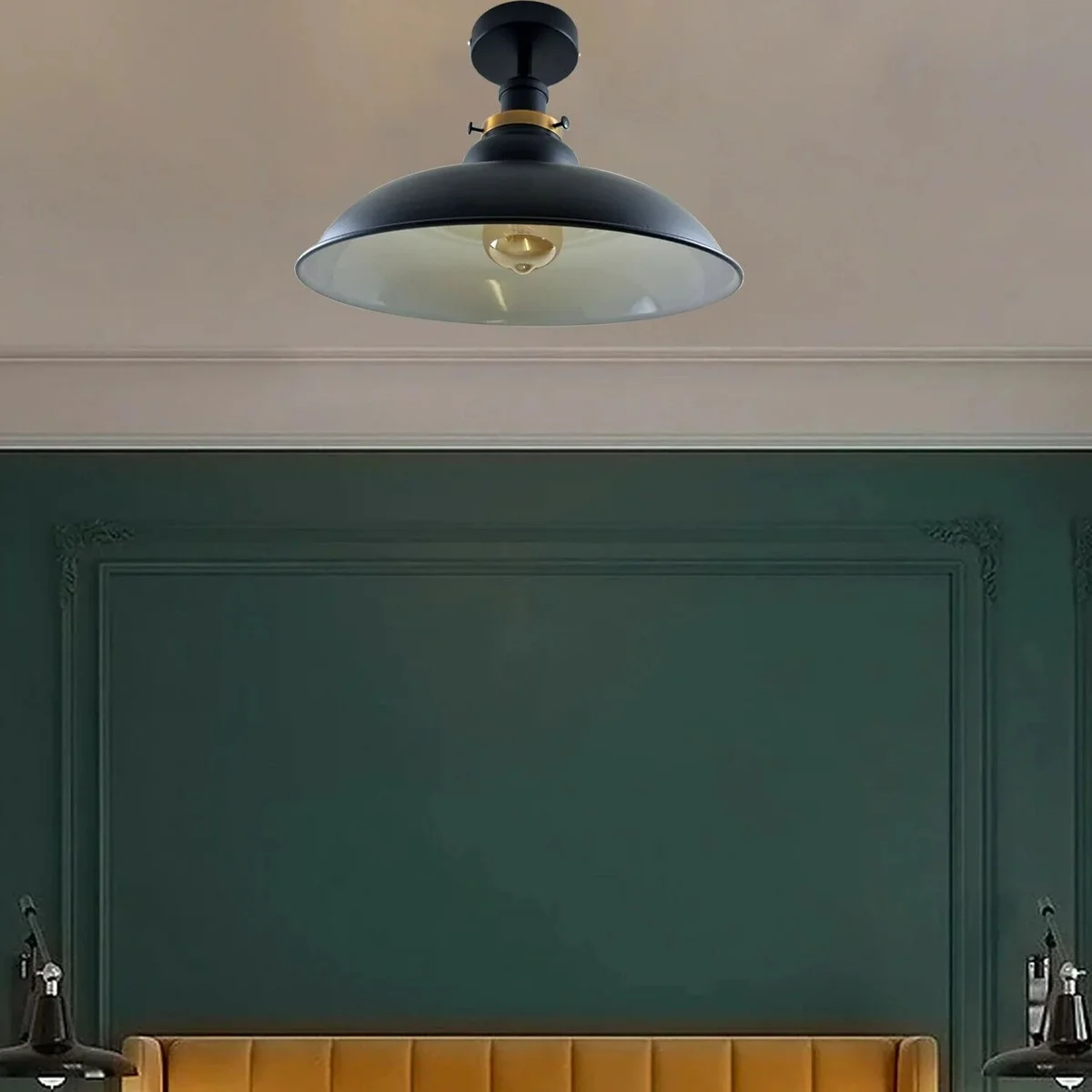 White semi‑flush mount metal antique style ceiling lamp with round shade.