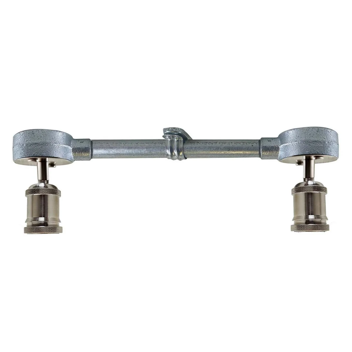 Galvanized pipe industrial pendant light hanging from ceiling, vintage retro style with rust colour and metal base.