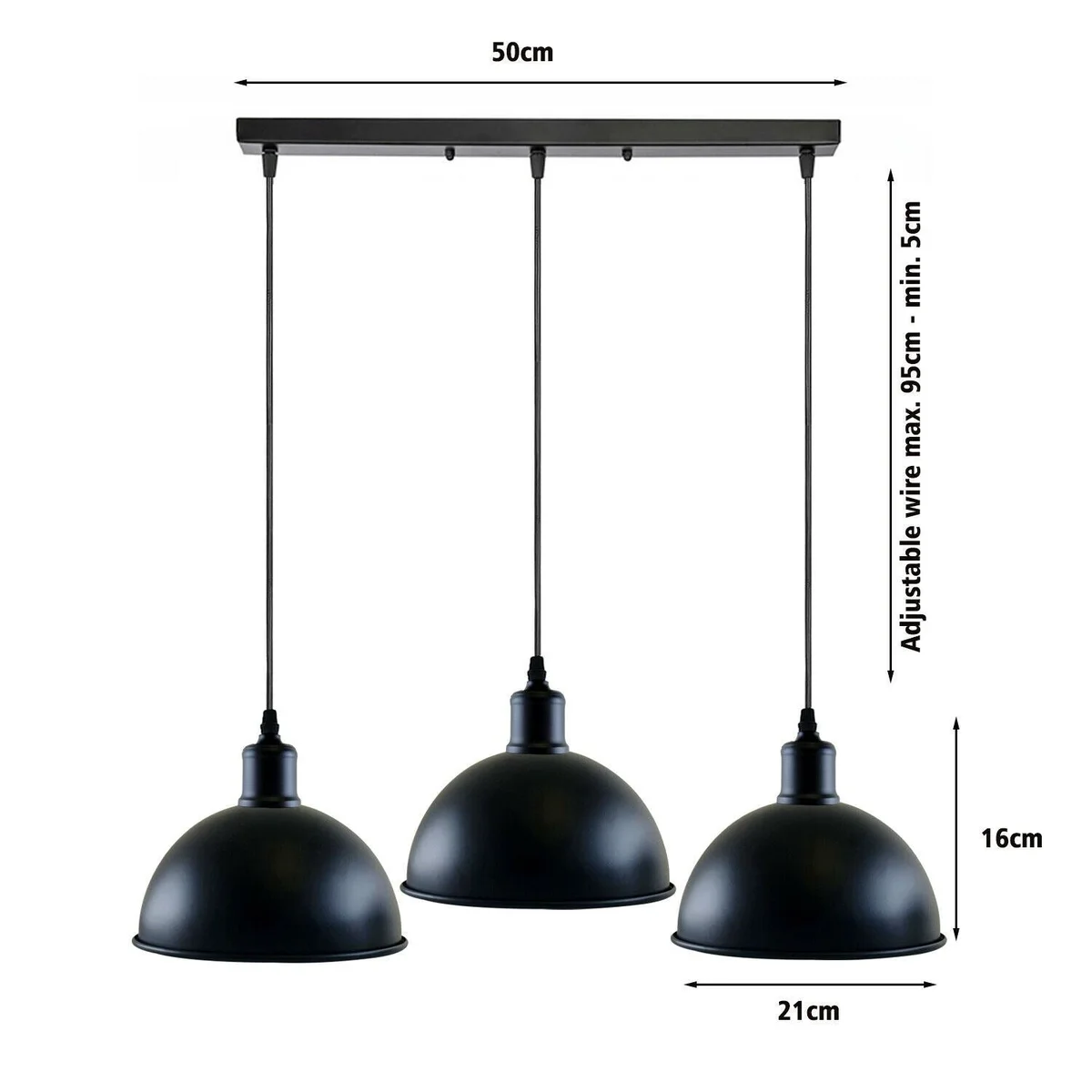 Black industrial 3-head pendant with metal dome, PVC cable, three E27 bulb holders – a versatile E27 bulb ceiling light.