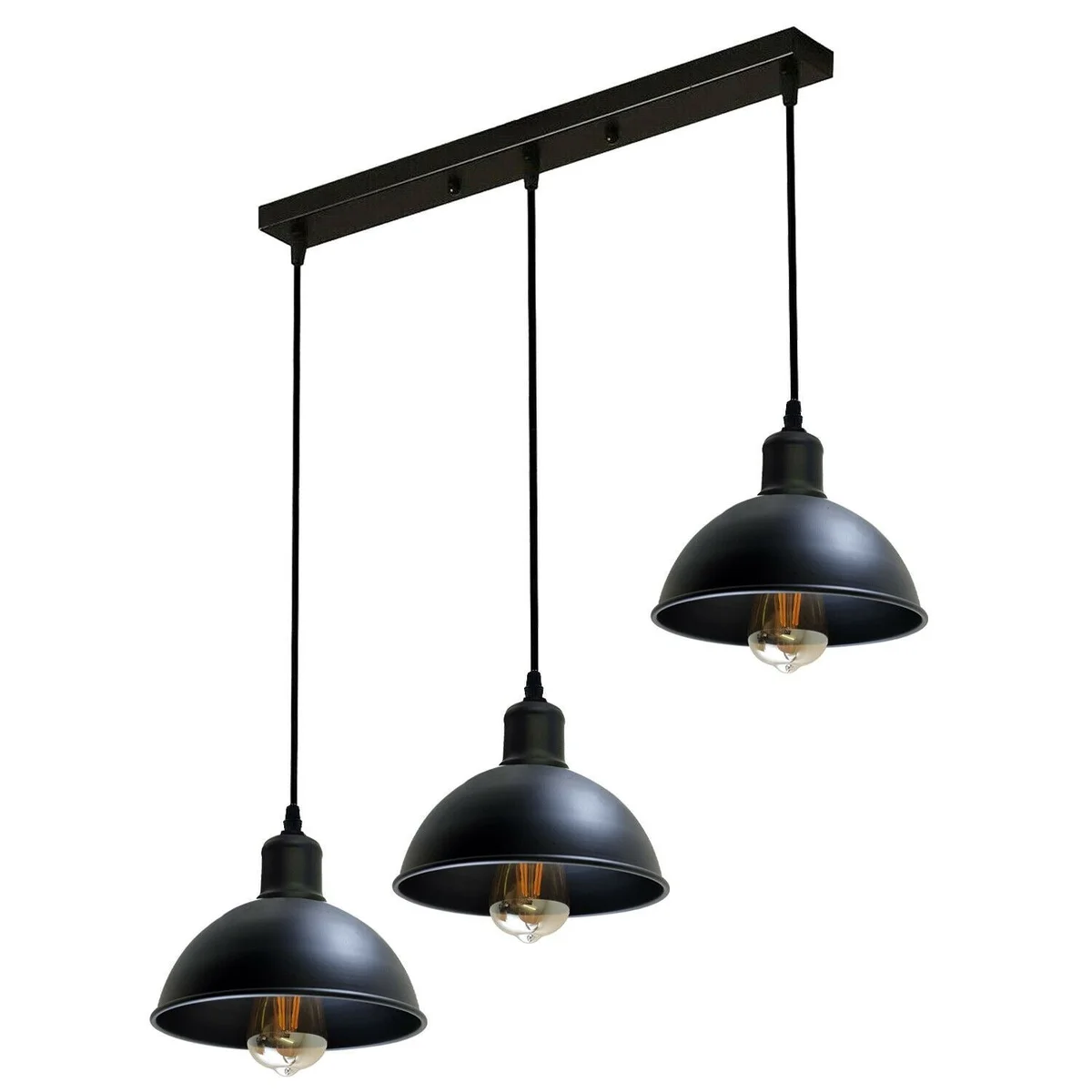 Industrial 3‑head black metal‑PVC pendant with dome shade, 3 lamp holders, 95cm cable – a stylish vintage hanging lamp.