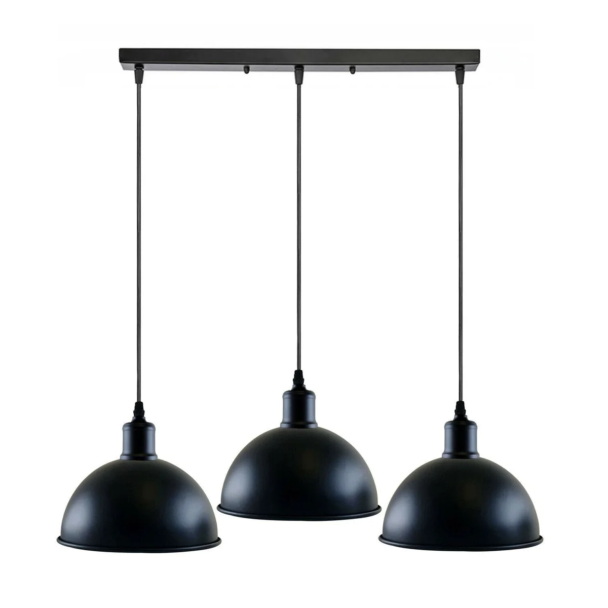 Black industrial ceiling pendant with three metal dome lights on a 50cm base, 95cm PVC cable.