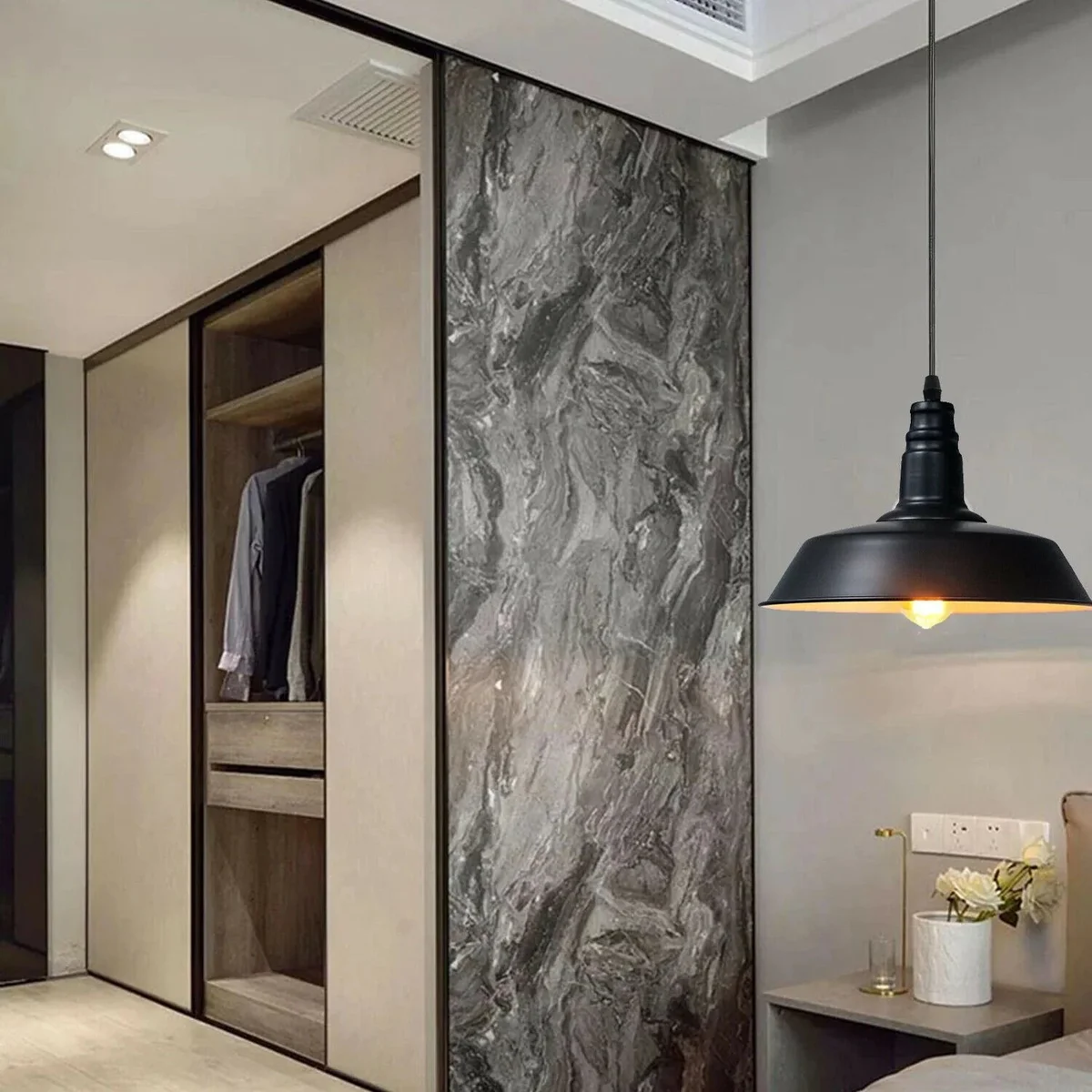 Black metal ceiling pendant light with white inner shade, 95cm PVC cable hanging from 10cm ceiling plate.