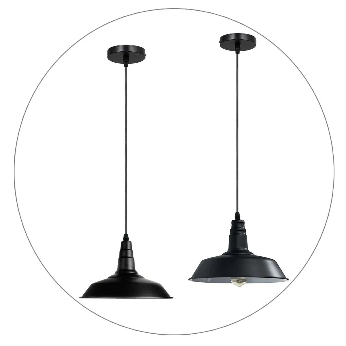 Black metal lamp shade with white inner, hanging from 95 cm PVC cable on a 10 cm ceiling plate, topped with an E27 base.