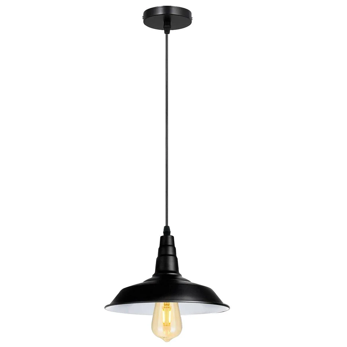 Black metal hanging indoor light with white inner shade, 36cm diameter, long PVC cable, mounting plate 10cm, for E27 bulbs.