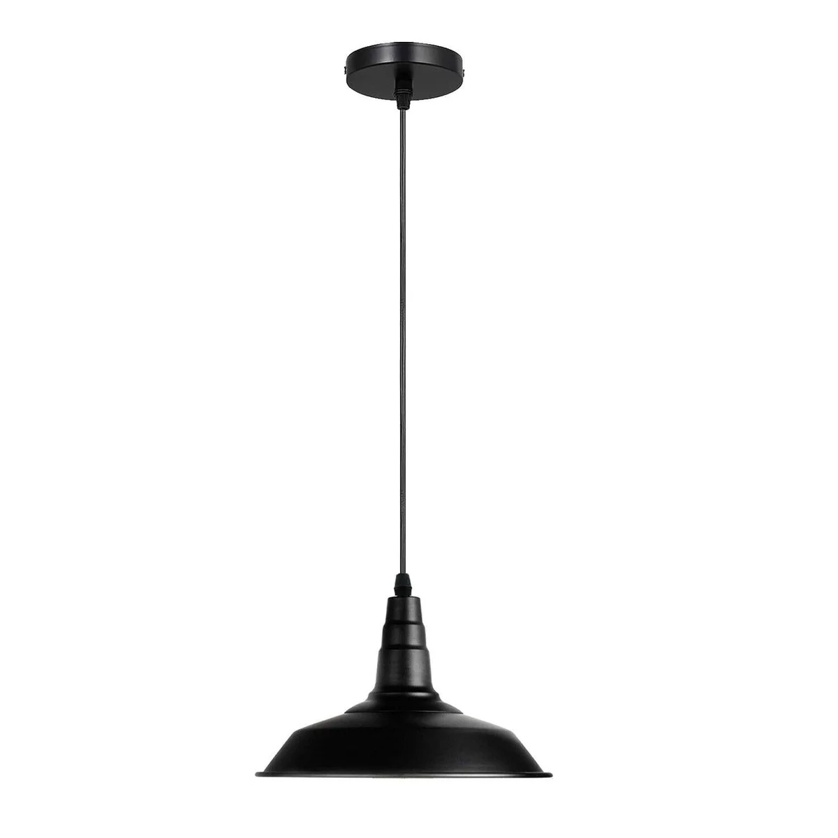 Black metal E27 pendant light with white inner shade, hanging from ceiling, 95cm PVC cable, 36cm shade diameter