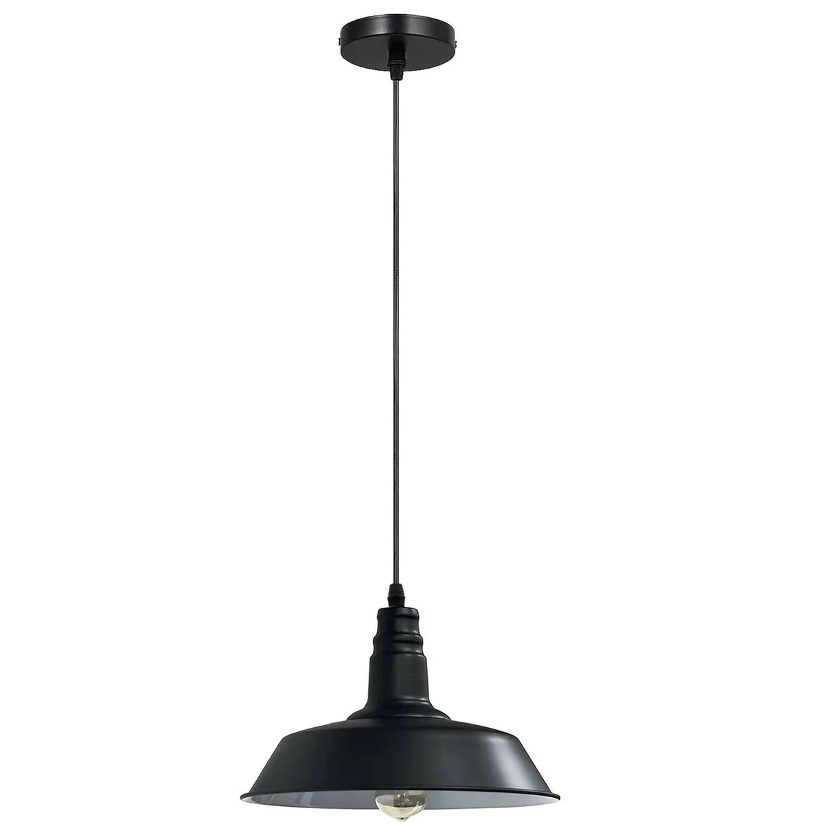 Black ceiling light fixture with metal body and white inner shade, 36cm diameter, hanging via 95cm PVC cable, E27 base