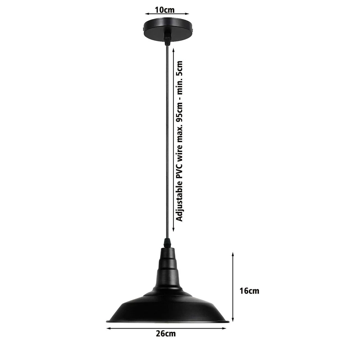 Black metal pendant lamp with white inner shade, 36cm diameter, E27 base, 10cm ceiling plate, 95cm PVC cable pendant