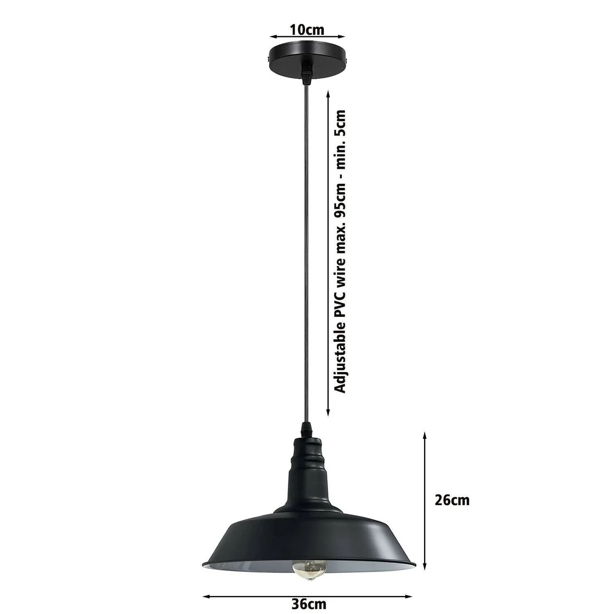 Black metal ceiling pendant light with white inner shade, E27 base, 95 cm hanging cable, 36 cm shade diameter.