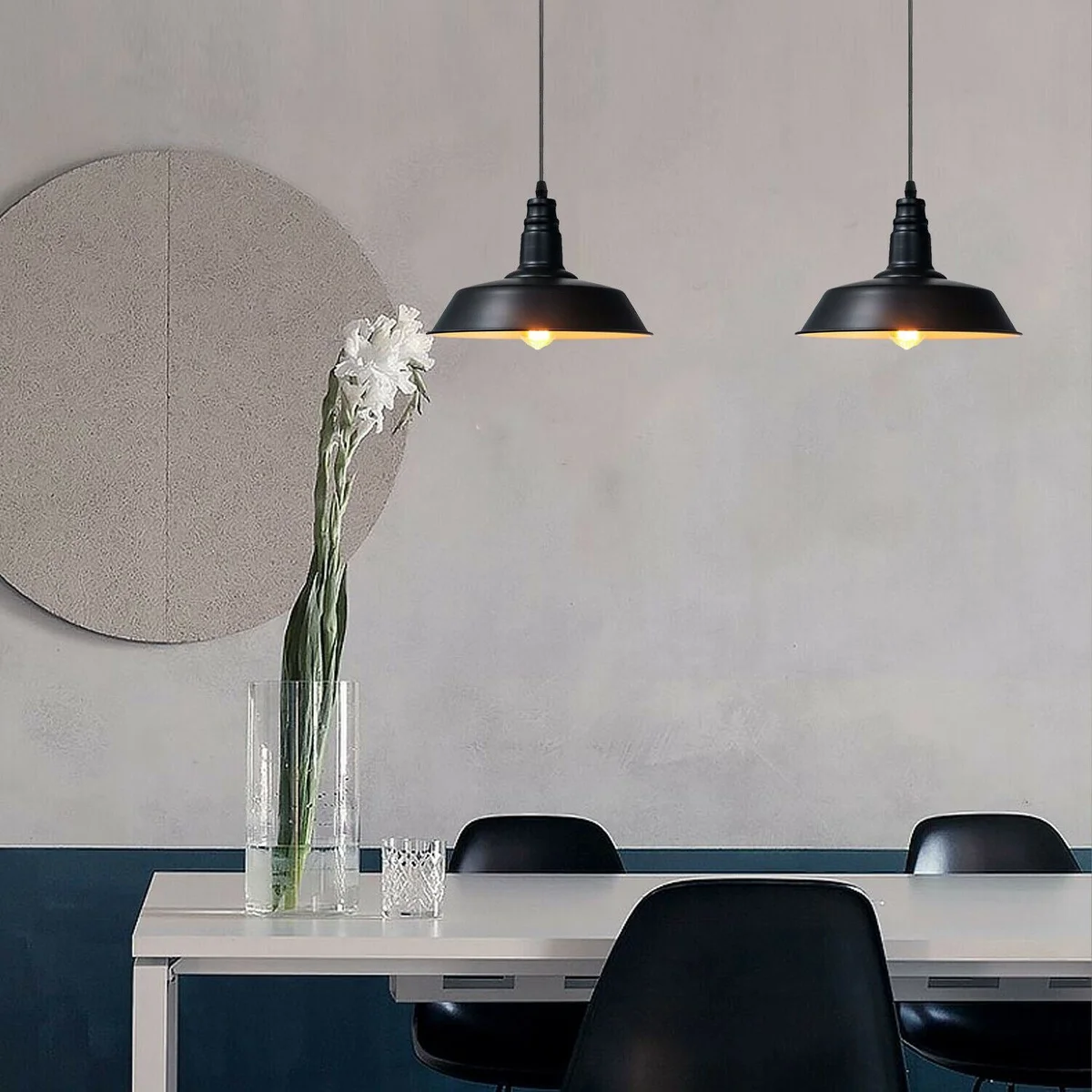 Black metal ceiling pendant light with white interior shade, hanging from 10 cm plate on 95 cm cable, suitable for an E27 bulb.