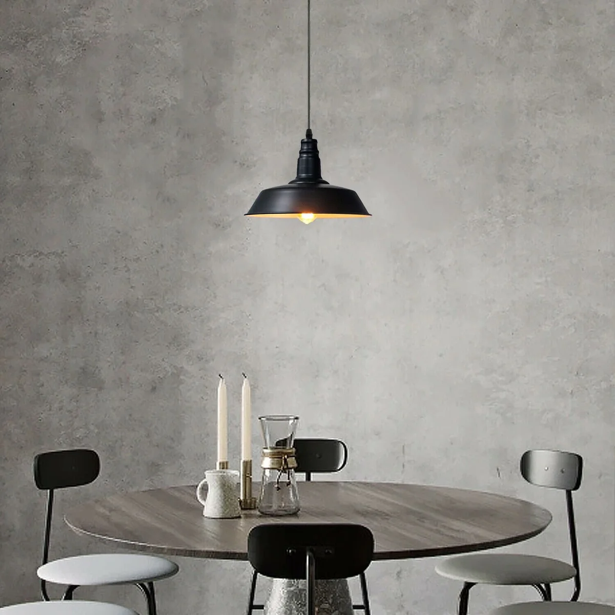 Black metal ceiling pendant light with white shade interior, E27 base, PVC cable, hanging from ceiling.