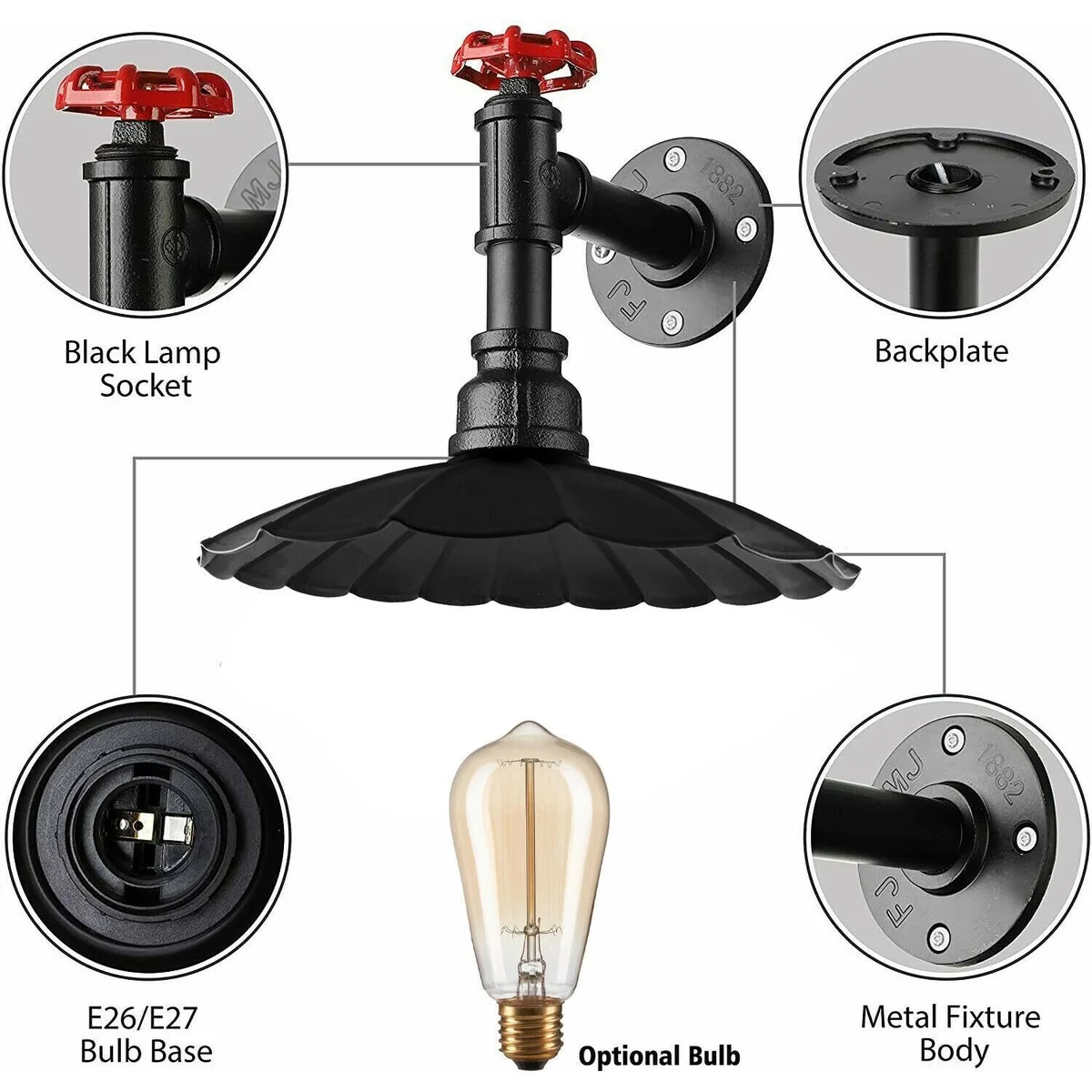 Metal wall lamp indoor with vintage steel sconce and umbrella shade, hanging on a wall.